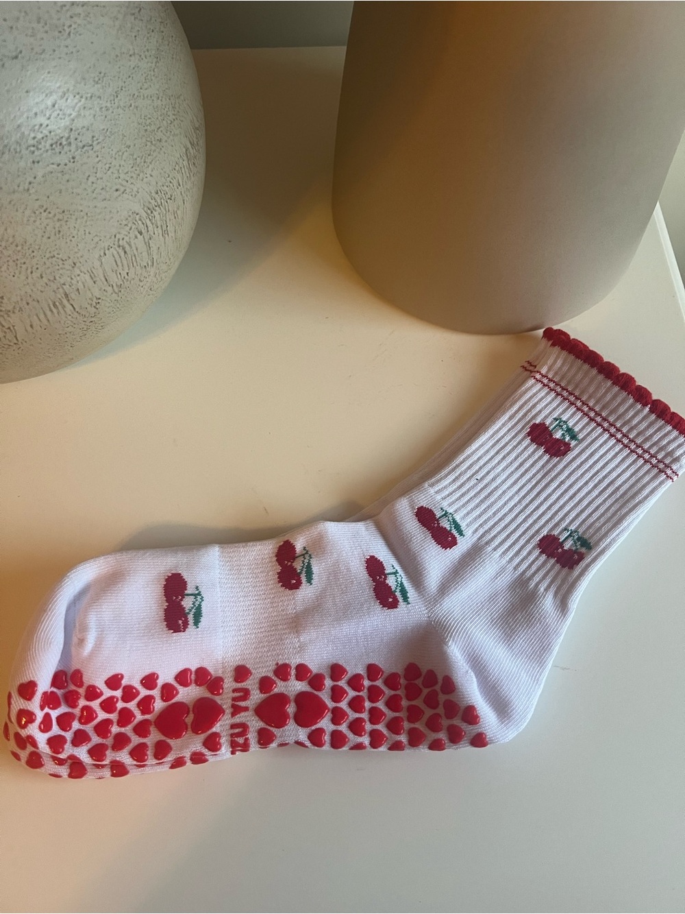 New Y2K Trendy Cherry Red White Pilates and Barre Grip Socks